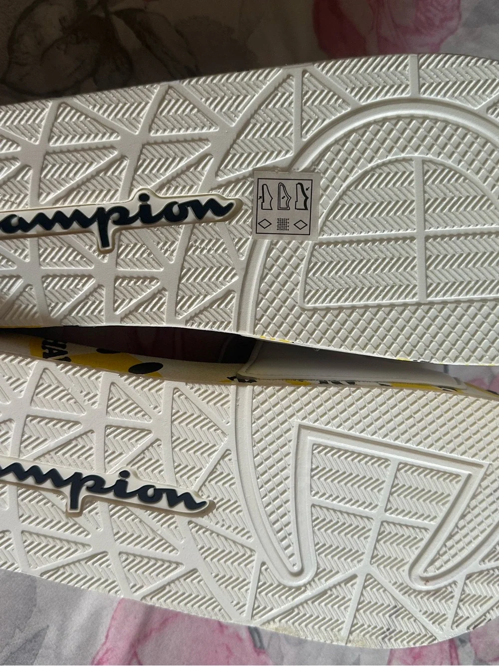 Champion White and Yellow Graphic Slide Sandals for Kids. NEW WITHOUT BOX